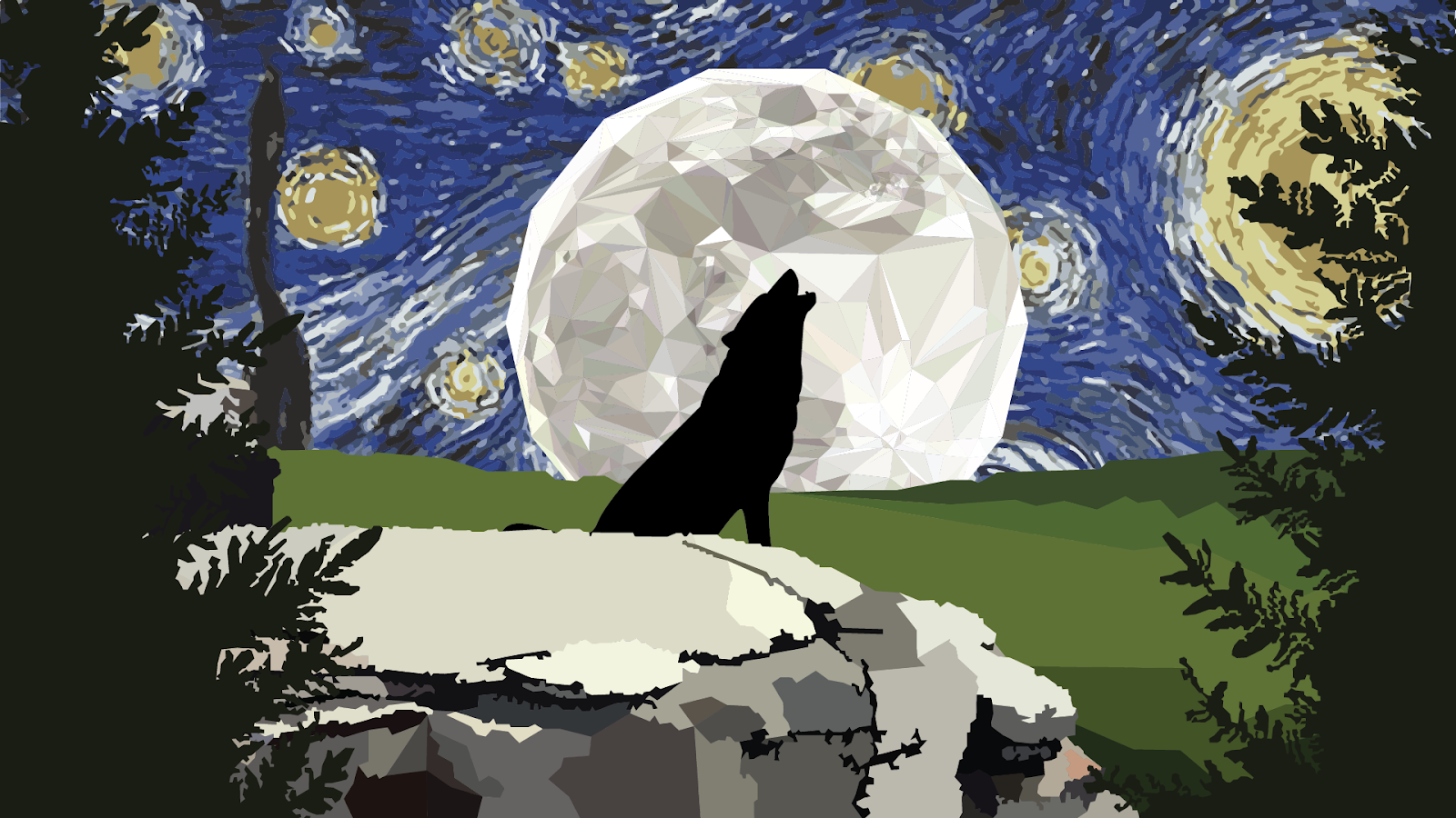 vector drawing of fox howling at the moon